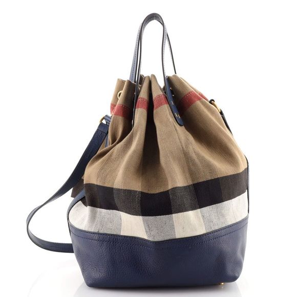 Burberry Heston Bucket Bag House Check Canvas with Leather Medium Blue, Print - Picture 4 of 8